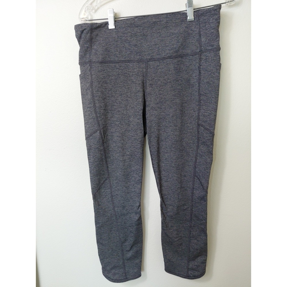 Athleta Capri leggings grey side pocket Chaturanga Sz L wide waistband logo
